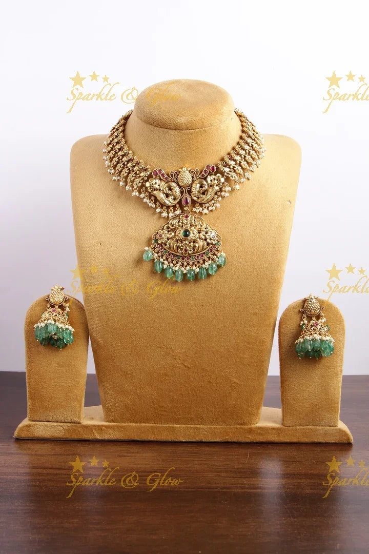 Gold alike peacock carved short necklace with ruby and mint green beads - Sparkle and Glow