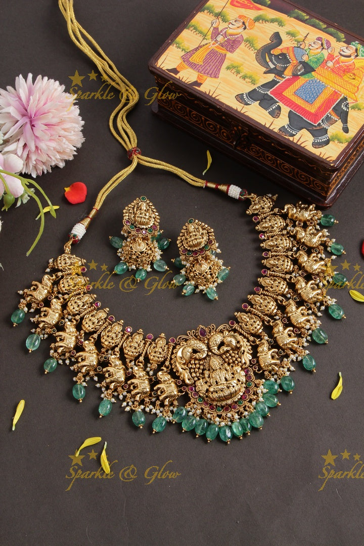 Gorgeous Lakshmi peacock elephant carved short necklace with ruby and green beads