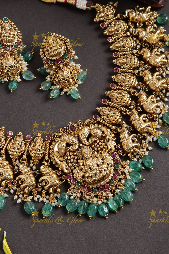 Gorgeous Lakshmi peacock elephant carved short necklace with ruby and green beads