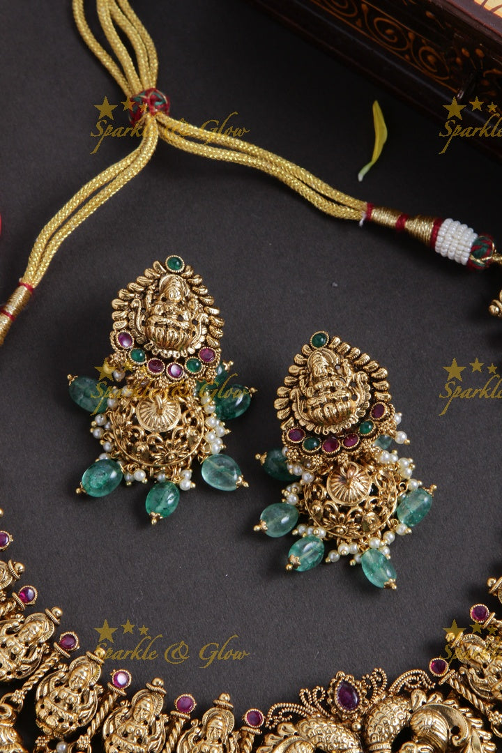 Gorgeous Lakshmi peacock elephant carved short necklace with ruby and green beads