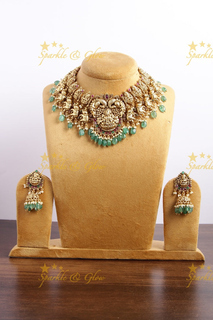 Gorgeous Lakshmi peacock elephant carved short necklace with ruby and green beads