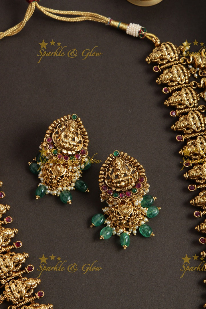 Gourgeous Lakshmi peacock elephant carved long necklace with ruby and green beads