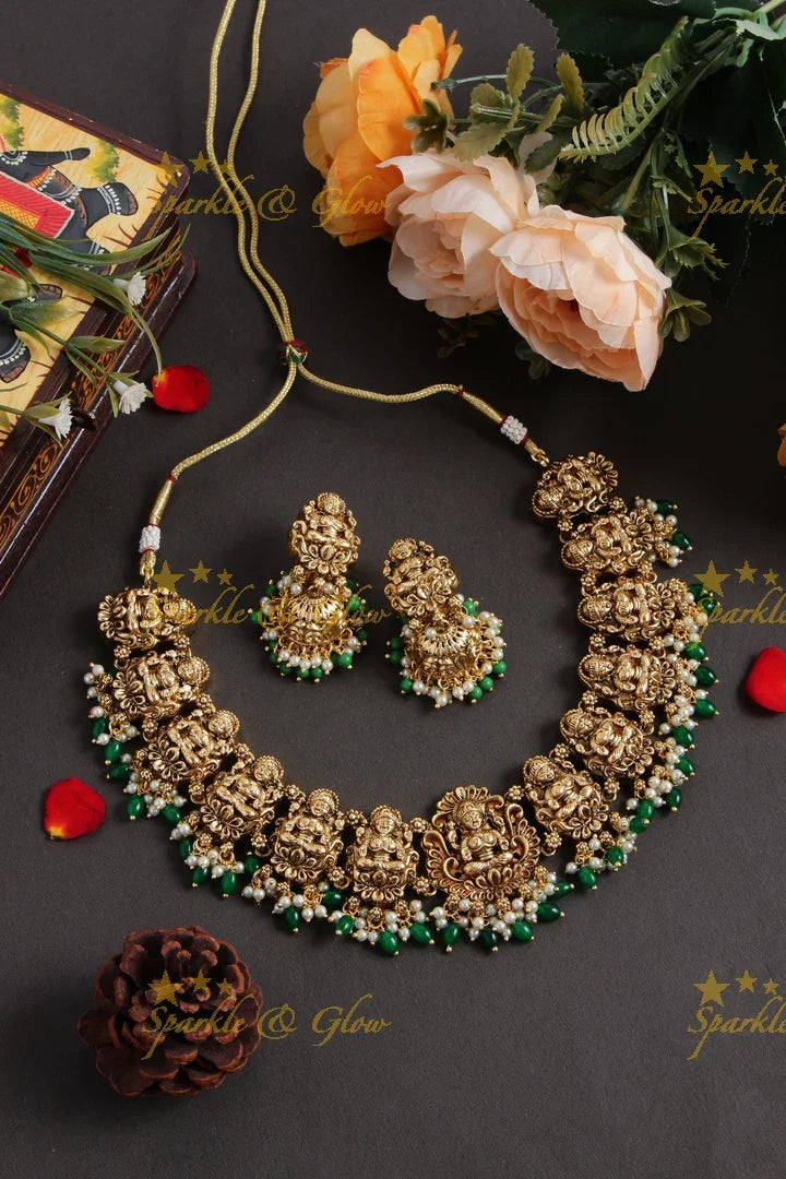 Exclusive Gold alike Lakshmi short necklace with green beads - Sparkle and Glow