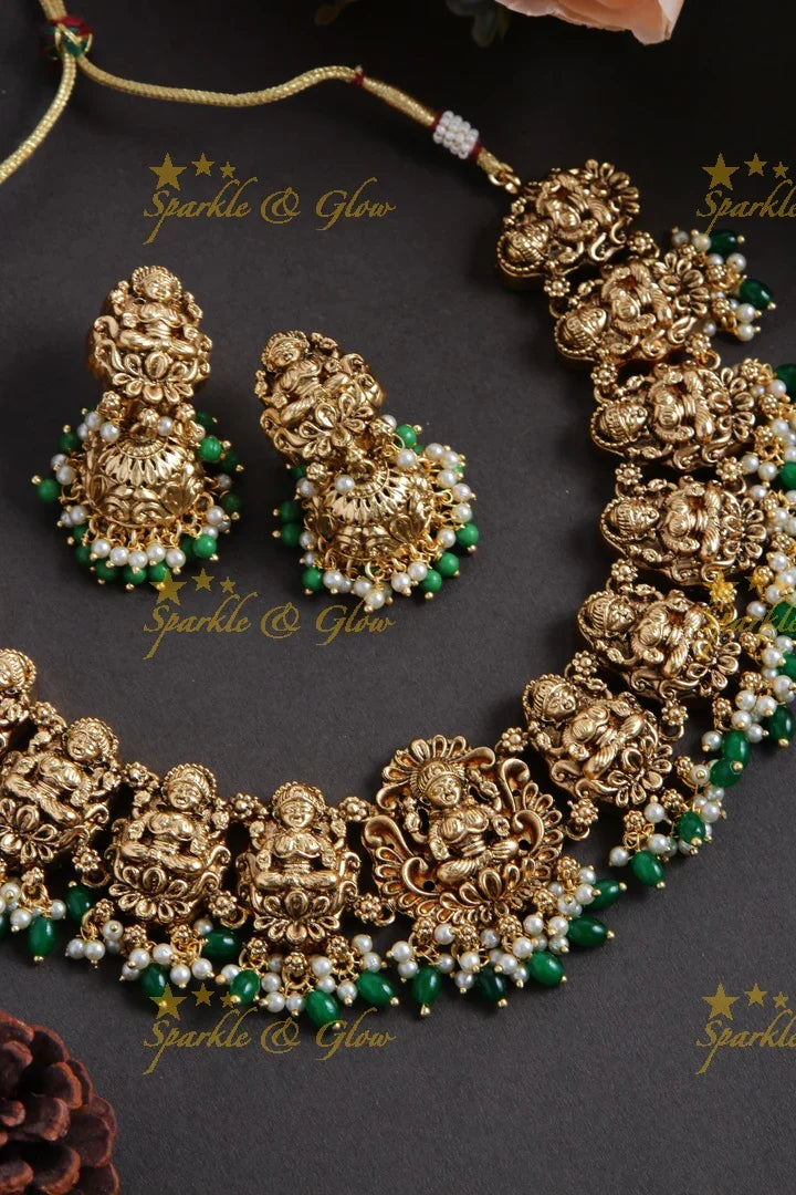 Exclusive Gold alike Lakshmi short necklace with green beads - Sparkle and Glow