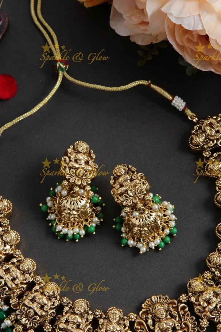 Exclusive Gold alike Lakshmi short necklace with green beads - Sparkle and Glow