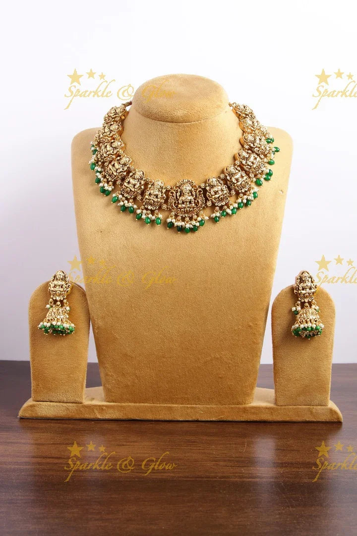 Exclusive Gold alike Lakshmi short necklace with green beads - Sparkle and Glow