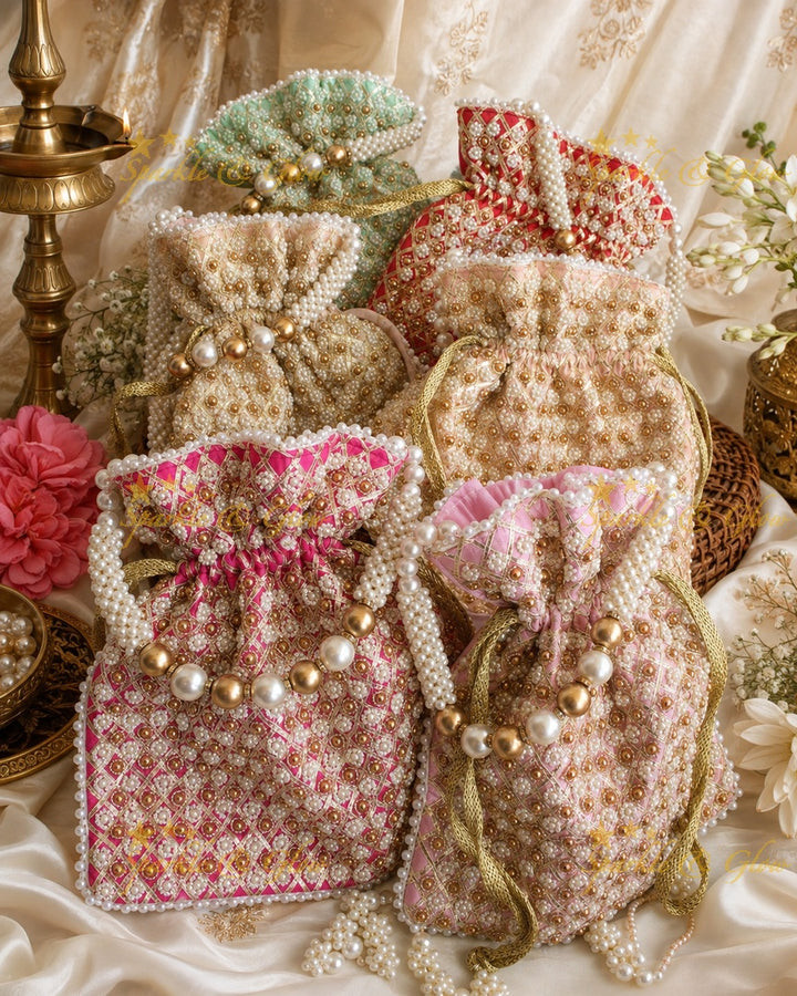 Pearl & Gold Bead 8.5*8" Embroidered Potli Bag- Set of 6pcs