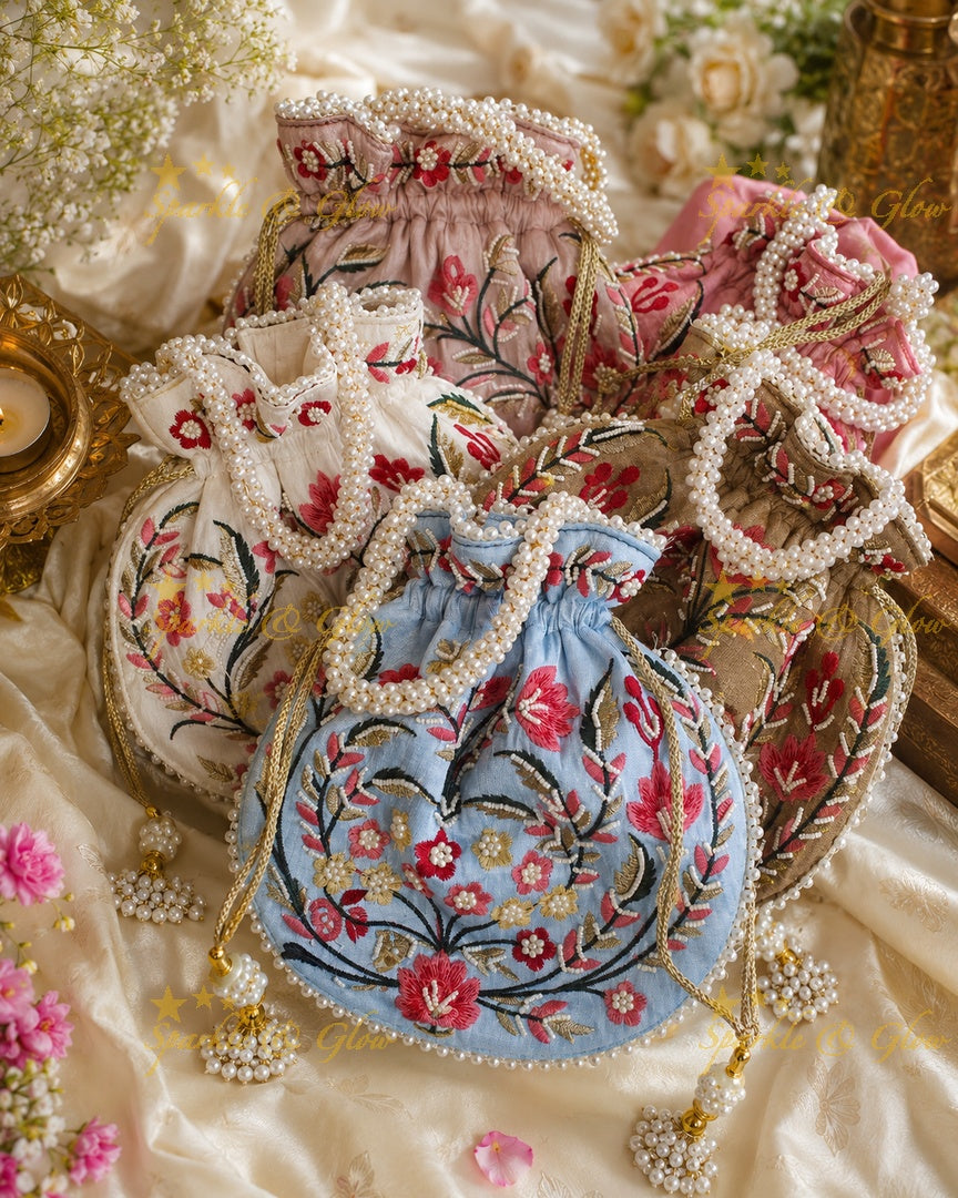 Pearl Embellished 8.5*8" Embroidered Potli Bags- Set of 6pcs