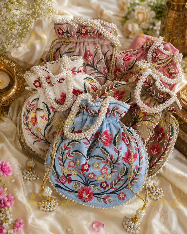 Pearl Embellished 8.5*8" Embroidered Potli Bags- Set of 6pcs
