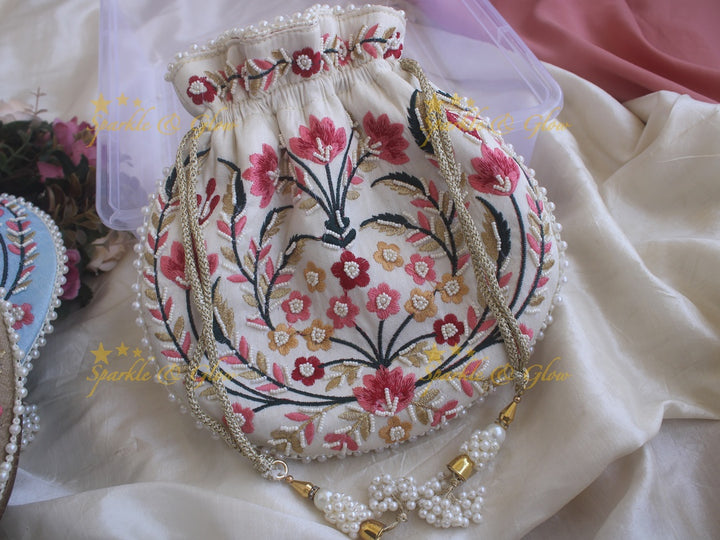 Embroidered 8.5*8 inch potli bags with pearls