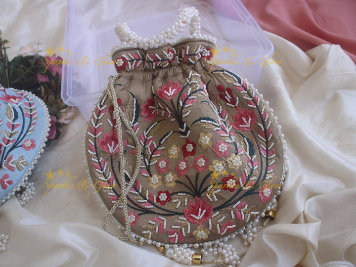 Embroidered 8.5*8 inch potli bags with pearls
