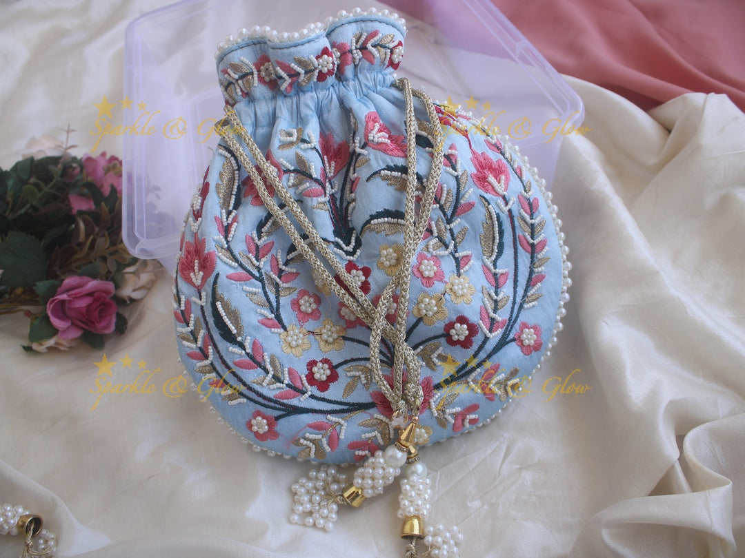 Embroidered 8.5*8 inch potli bags with pearls