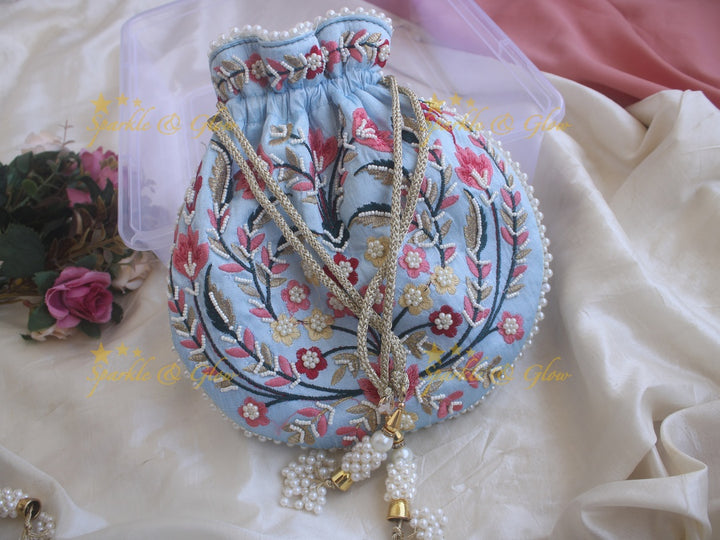 Embroidered 8.5*8 inch potli bags with pearls
