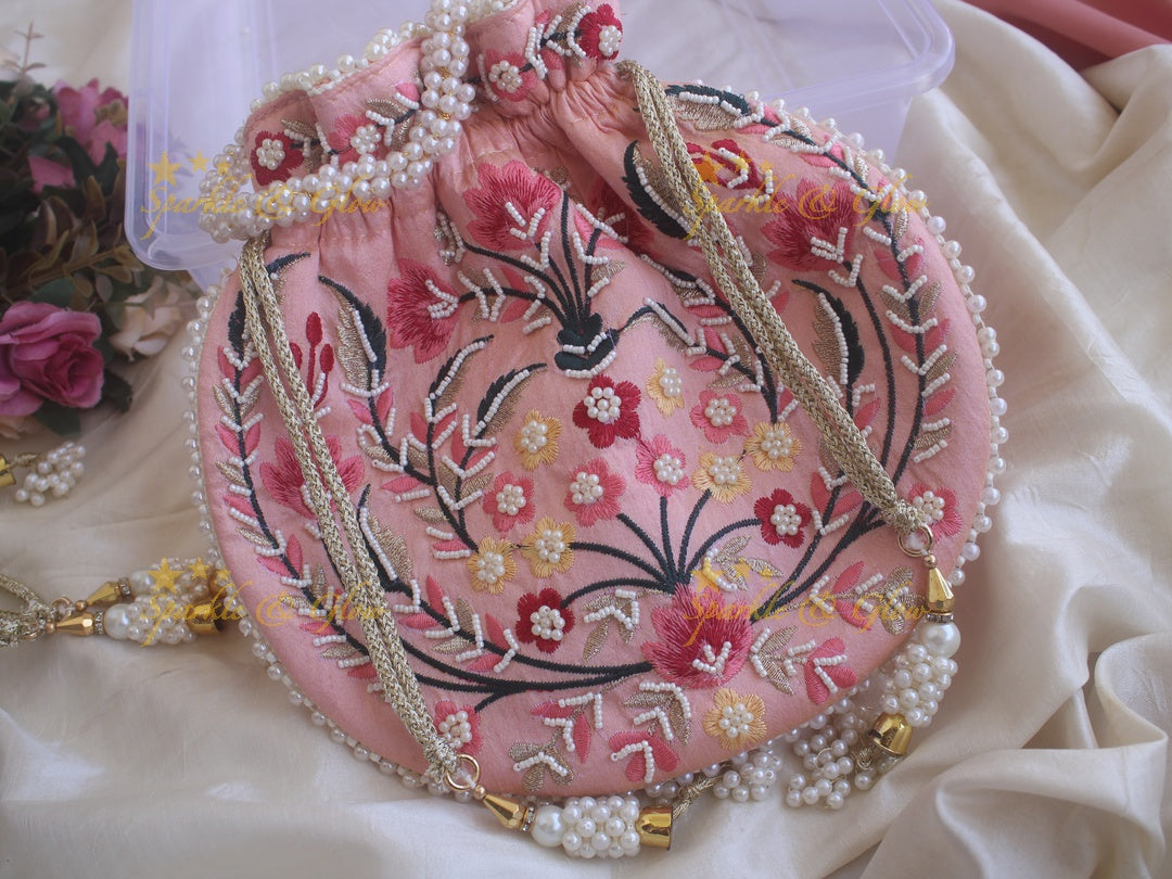 Embroidered 8.5*8 inch potli bags with pearls