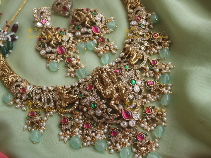 Exquisite Lakshmi Narasimha Victorian AD multi colour stone necklace with pearls and mint green beads
