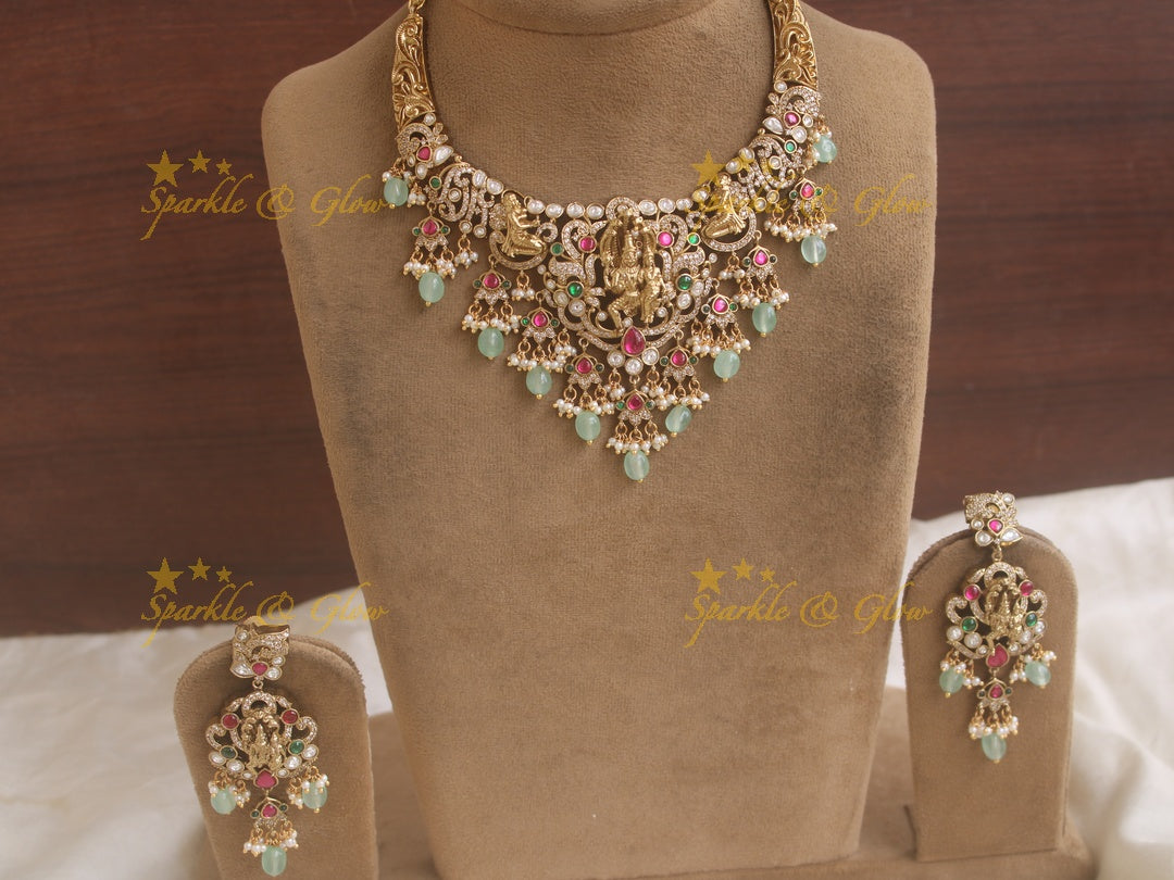 Exquisite Lakshmi Narasimha Victorian AD multi colour stone necklace with pearls and mint green beads