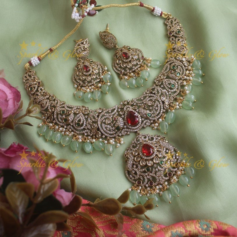 Stunning Peacock Victorian AD necklace with pearls and mint green beads - Sparkle and Glow - Back Thread - 