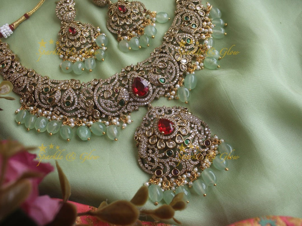 Stunning Peacock Victorian AD necklace with pearls and mint green beads - Sparkle and Glow - Back Thread - 