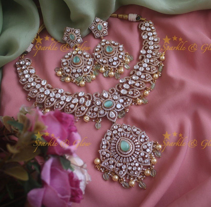 Stunning Floral Victorian AD necklace with pearls and mint green beads - Sparkle and Glow - Back Thread - 