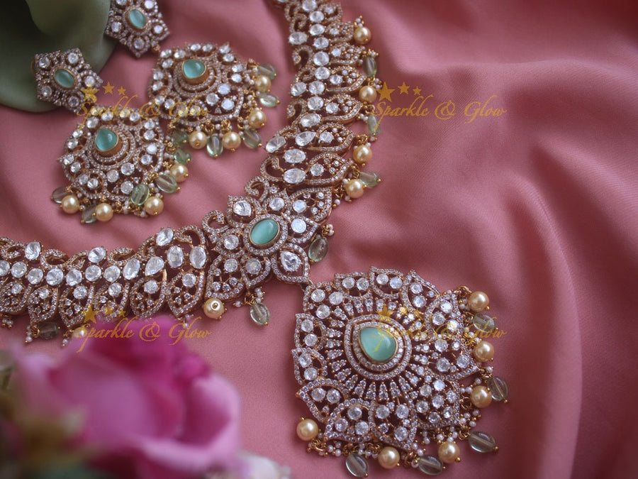 Stunning Floral Victorian AD necklace with pearls and mint green beads - Sparkle and Glow - Back Thread - 