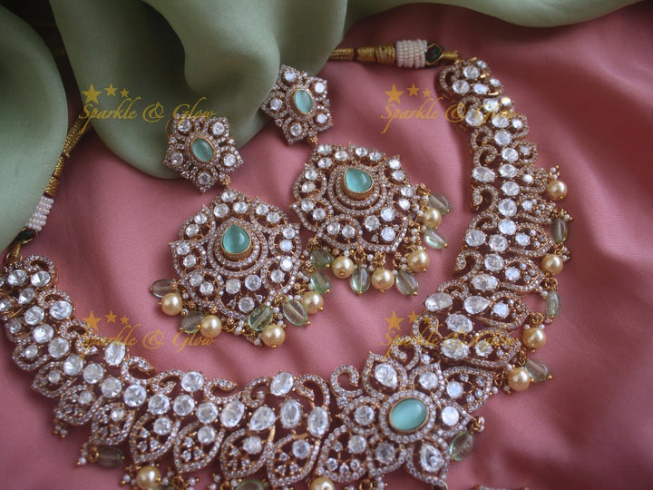 Stunning Floral Victorian AD necklace with pearls and mint green beads - Sparkle and Glow - Back Thread - 