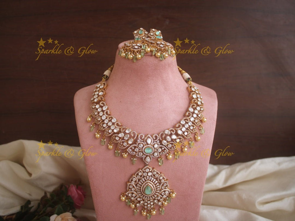 Stunning Floral Victorian AD necklace with pearls and mint green beads - Sparkle and Glow - Back Thread - 