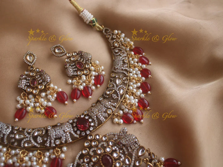 Exquisite Elephant carved Victorian AD necklace with pearls and red beads - Sparkle and Glow