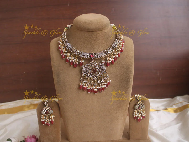 Exquisite Elephant carved Victorian AD necklace with pearls and red beads - Sparkle and Glow