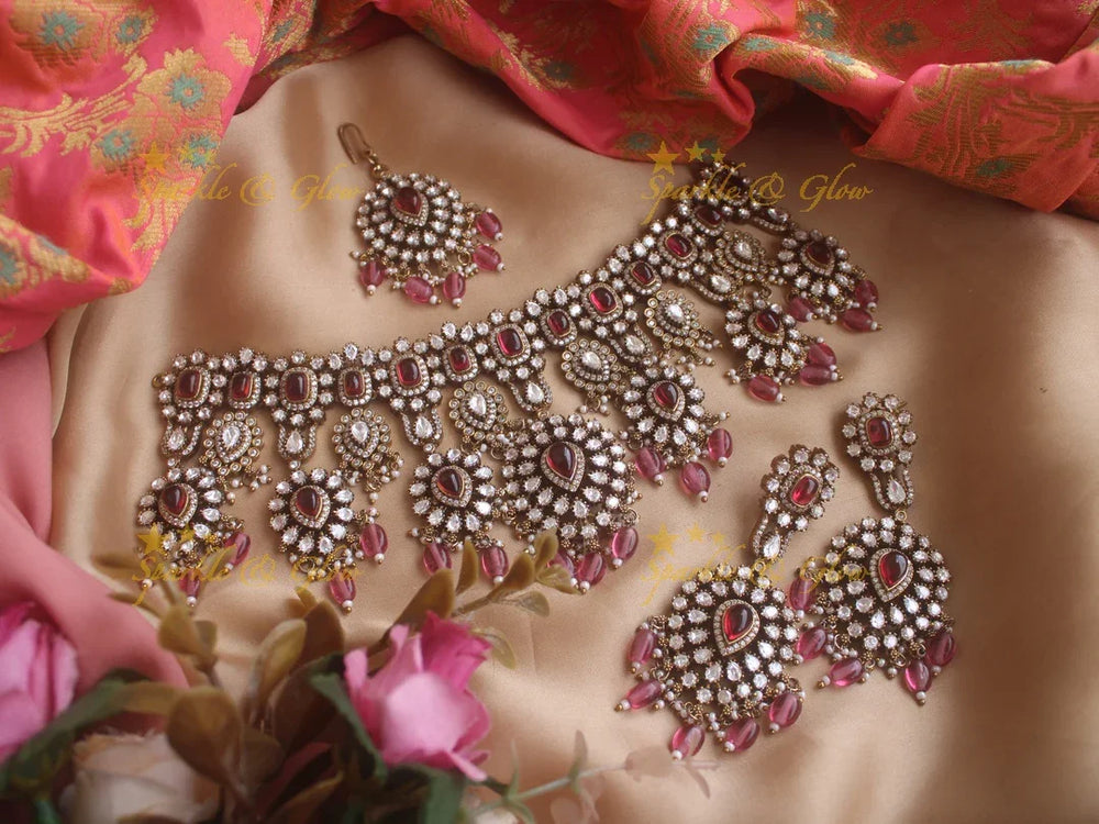 Grand intricate Victorian AD choker with green stones and green beads - with mang tikka - Sparkle and Glow
