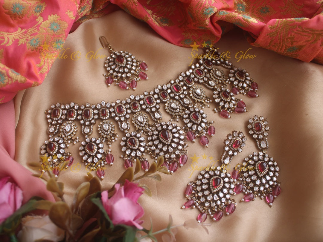Grand intricate Victorian AD choker with green stones and green beads - with mang tikka