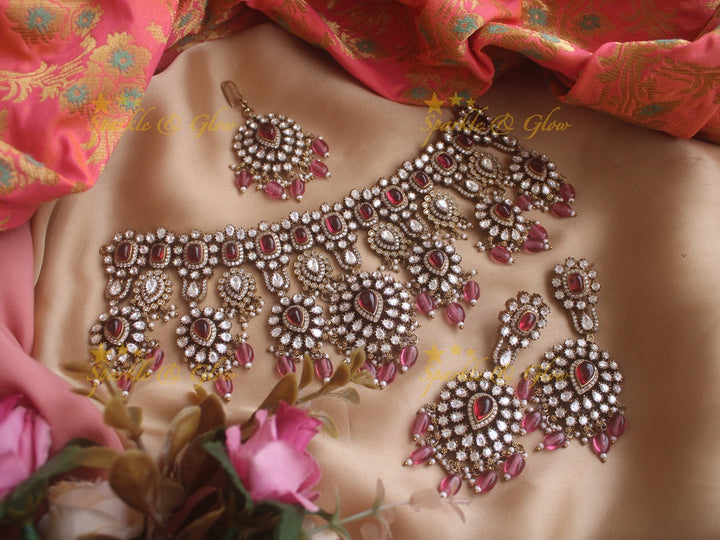 Grand intricate Victorian AD choker with green stones and green beads - with mang tikka
