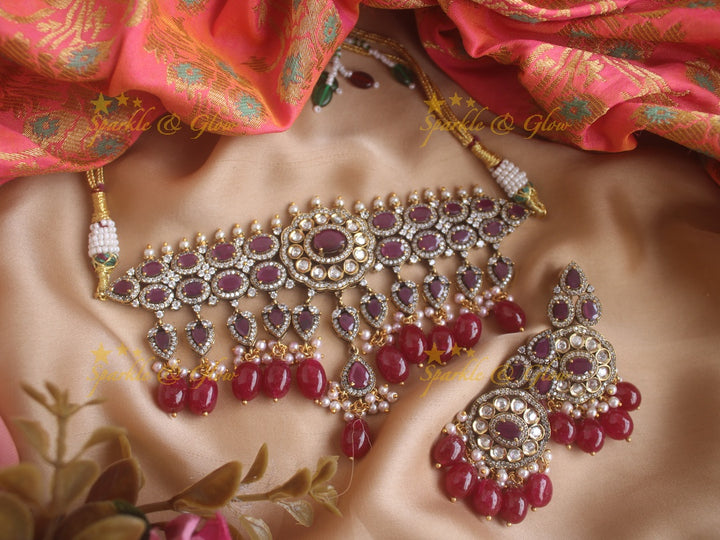 Beautiful Victorian AD choker with pearls purple stones and red beads