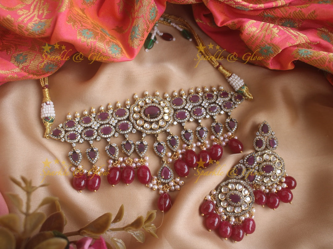Beautiful Victorian AD choker with pearls purple stones and red beads