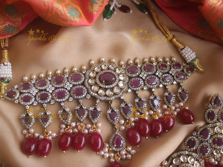 Beautiful Victorian AD choker with pearls purple stones and red beads