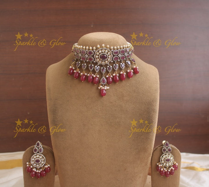 Beautiful Victorian AD choker with pearls purple stones and red beads