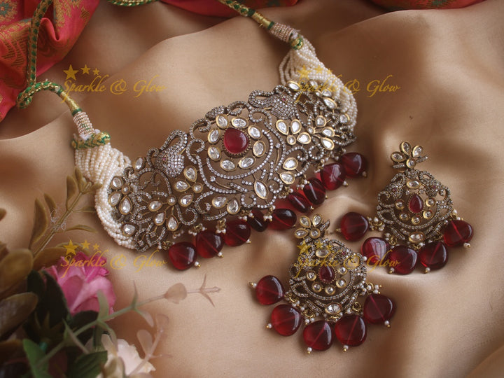 Elegant Elephant carved Victorian AD choker with multi layer pearls and seablue beads -Sea blue