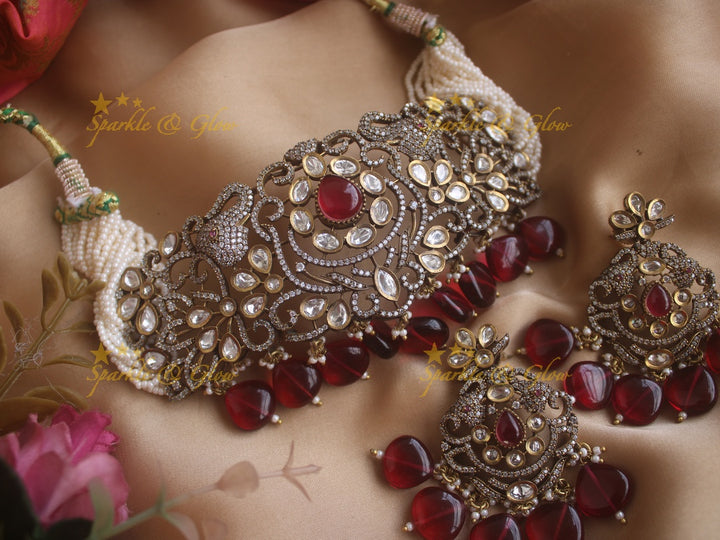 Elegant Elephant carved Victorian AD choker with multi layer pearls and maroon beads -maroon