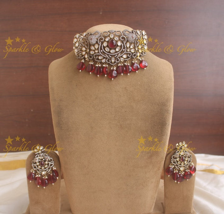 Elegant Elephant carved Victorian AD choker with multi layer pearls and maroon beads -maroon