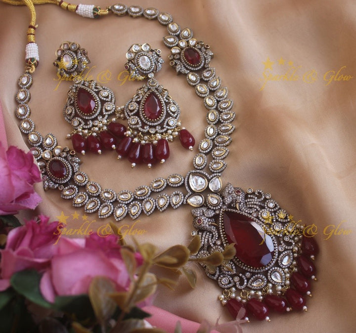 Statement Elephant Peacock Victorian AD haram with grand pendent maroon colour stones and beads