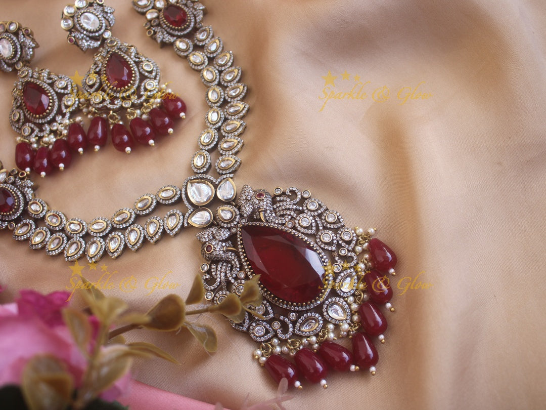 Statement Elephant Peacock Victorian AD haram with grand pendent maroon colour stones and beads