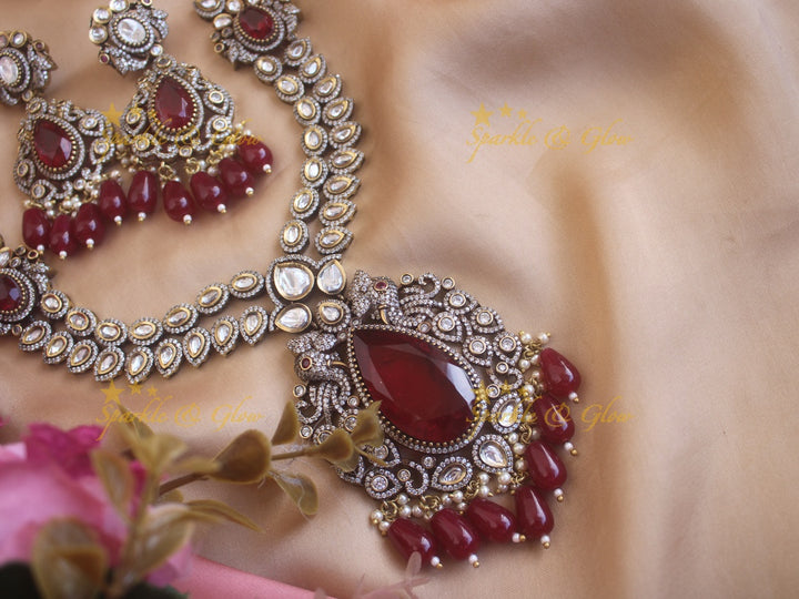 Statement Elephant Peacock Victorian AD haram with grand pendent maroon colour stones and beads