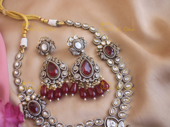 Statement Elephant Peacock Victorian AD haram with grand pendent maroon colour stones and beads