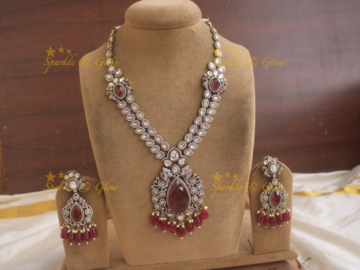 Statement Elephant Peacock Victorian AD haram with grand pendent maroon colour stones and beads