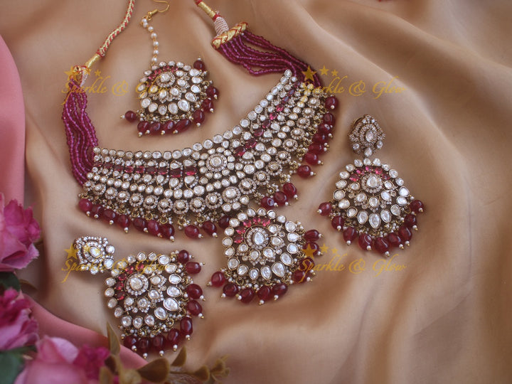 Grand Victorian AD bridal necklace with mang tikka and with maroon colour stones and beads - Maroon