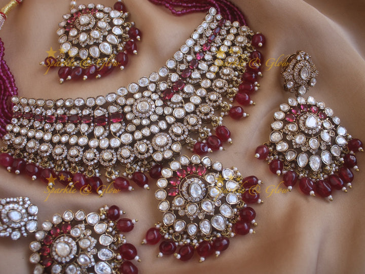 Grand Victorian AD bridal necklace with mang tikka and with maroon colour stones and beads - Maroon