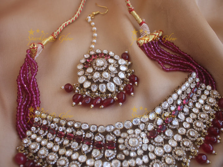 Grand Victorian AD bridal necklace with mang tikka and with maroon colour stones and beads - Maroon