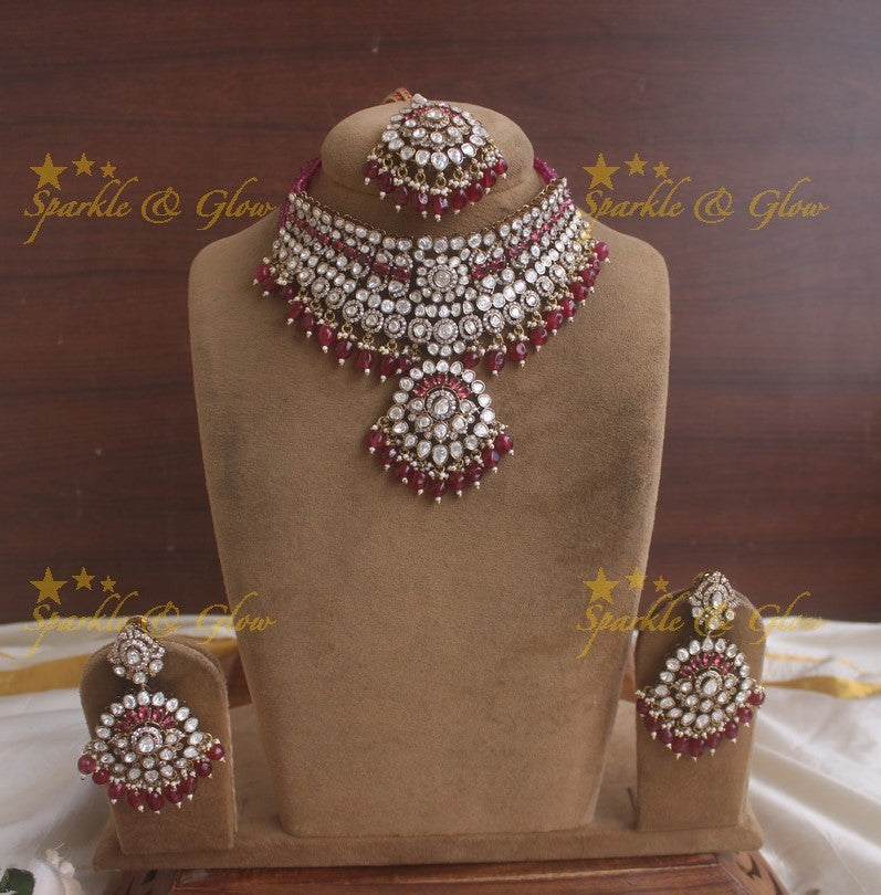 Grand Victorian AD bridal necklace with mang tikka and with maroon colour stones and beads - Maroon