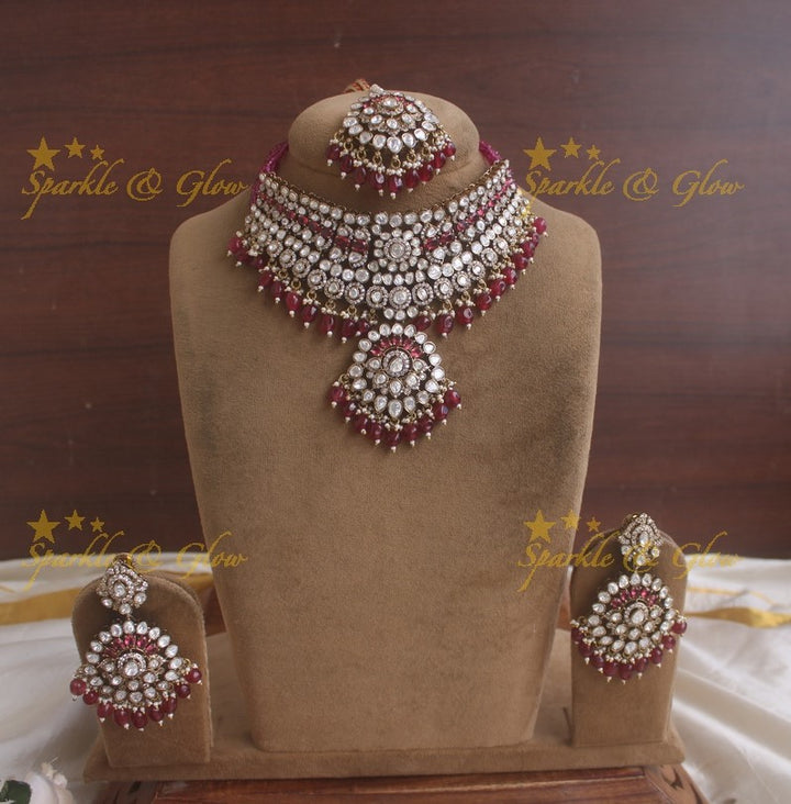 Grand Victorian AD bridal necklace with mang tikka and with maroon colour stones and beads - Maroon