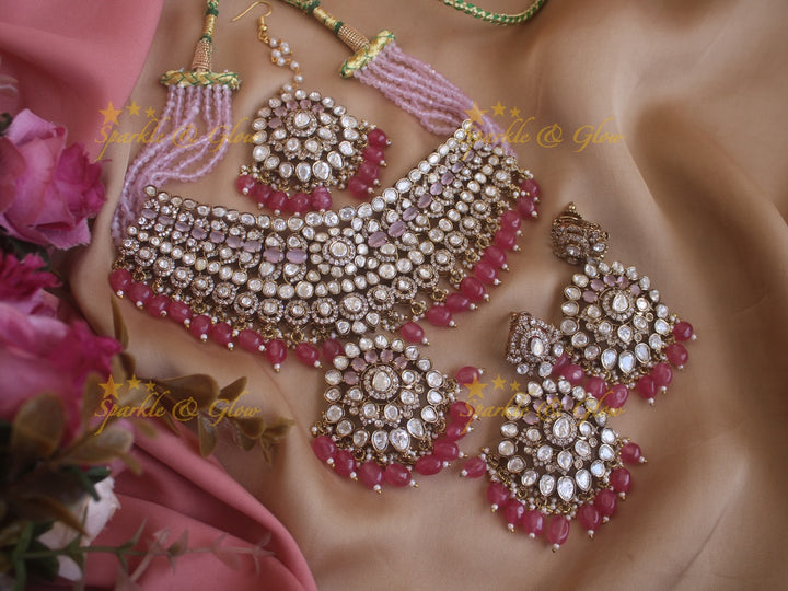 Grand Victorian AD bridal necklace with mang tikka and with baby pink stones and beads - Pink