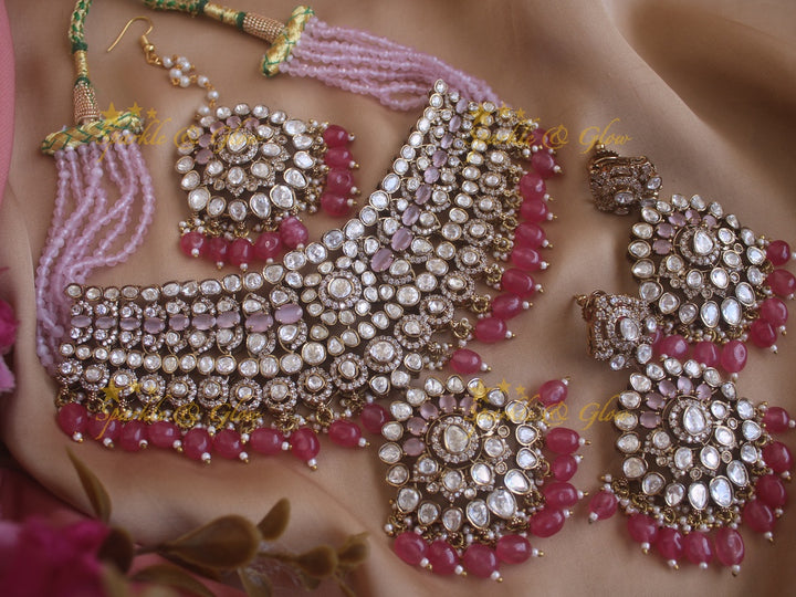 Grand Victorian AD bridal necklace with mang tikka and with baby pink stones and beads - Pink